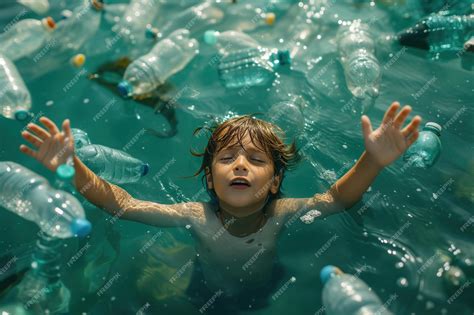 Premium Photo A Troubled Little Boy Drowns In The Water Surrounded By Dozens Of Plastic