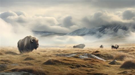 Premium Photo | A photo of a tundra habitat with musk oxen misty gray ...