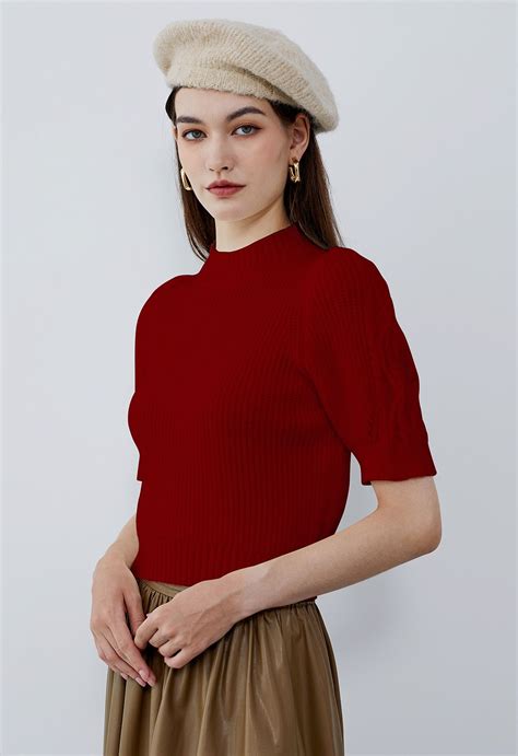 Mock Neck Short Sleeve Knit Sweater In Red Retro Indie And Unique Fashion