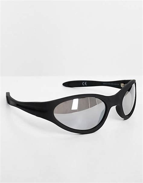 Asos Design Wrap Around Racer Sunglasses With Mirrored Lens In Matte Black Asos