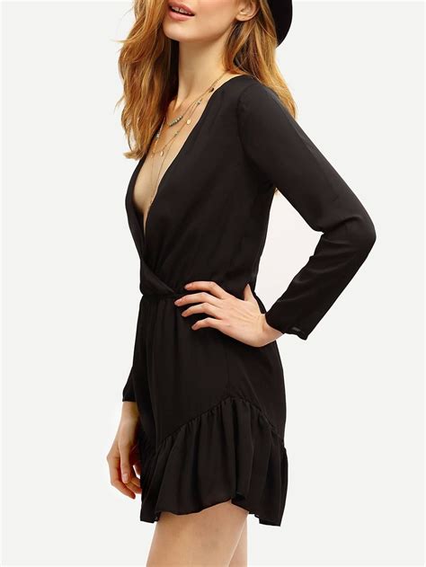 Black Deep V Neck Ruffle Jumpsuit Shein Sheinside