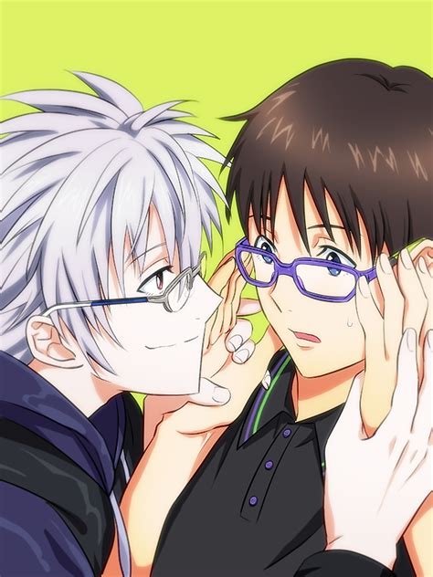 Safebooru 2boys Bespectacled Blue Eyes Brown Hair Eye Contact Glasses Holding Hands Ikari