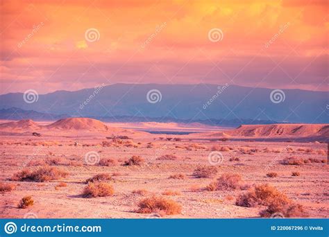 Desert In The Early Morning Beautiful Sunrise In The Mountains Stock