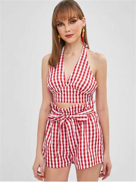 Zaful Backless Gingham Top And Belted Shorts Set Red Gingham Tops