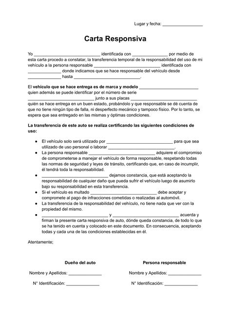 Carta Responsiva De Auto Ejemplos En Word Y Pdfimprimir Carta