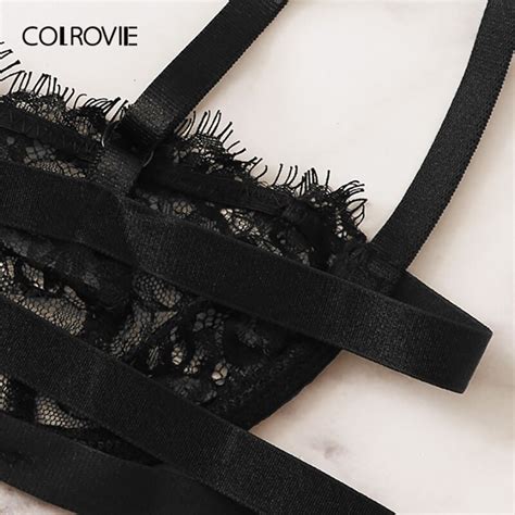 Colrovie Black Floral Lace Lingerie Set Women Intimates Summer Bra And