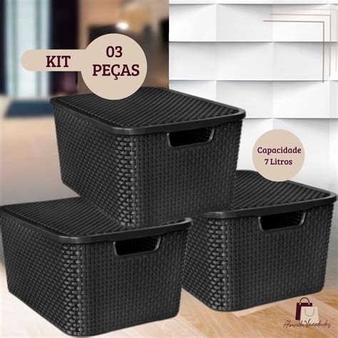 Kit De Caixas Organizadoras Litros Rattan Cesto Tampa Empilh Vel