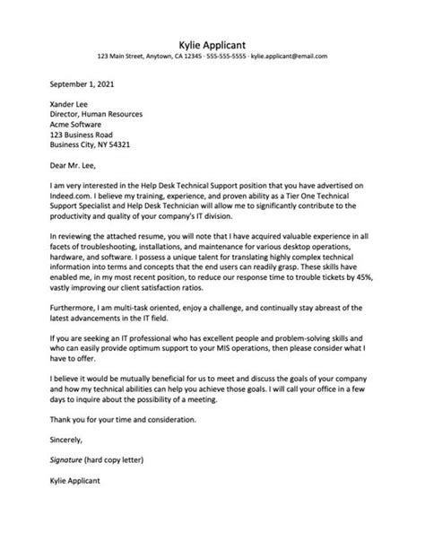 Technical Support And Help Desk Cover Letter Example