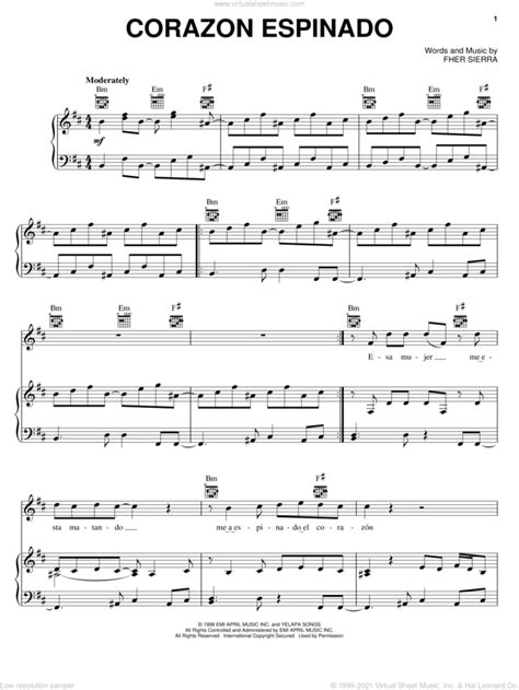 Corazon Espinado Sheet Music For Voice Piano Or Guitar PDF