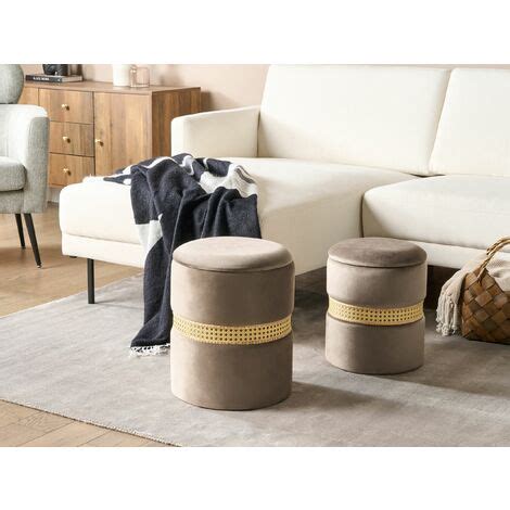 Pouf 2er Set Taupe Samtstoff Mit Stauraum Wiener Geflecht Rund 34 Cm