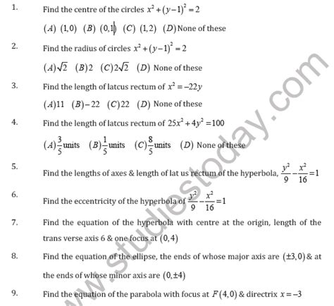 Cbse Class 11 Conic Section Worksheet E Worksheets Library