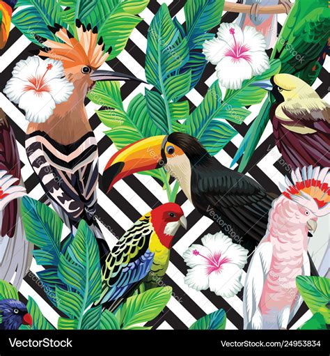 Tropical bird leaves seamless geometric background