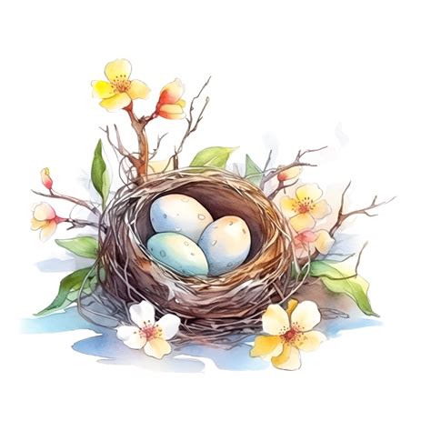 Bird Nest Eggs Flowers Watercolor Clipart Png