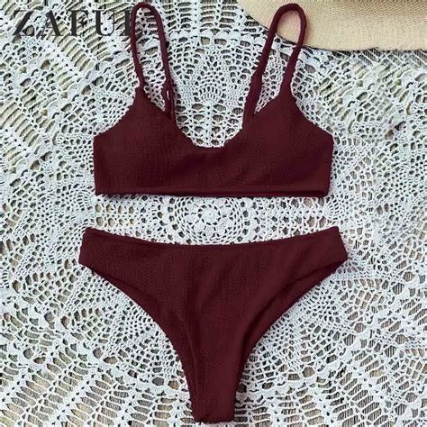 Zaful High Cut Bralette Bikini Set Spaghetti Straps Solid Wire Free