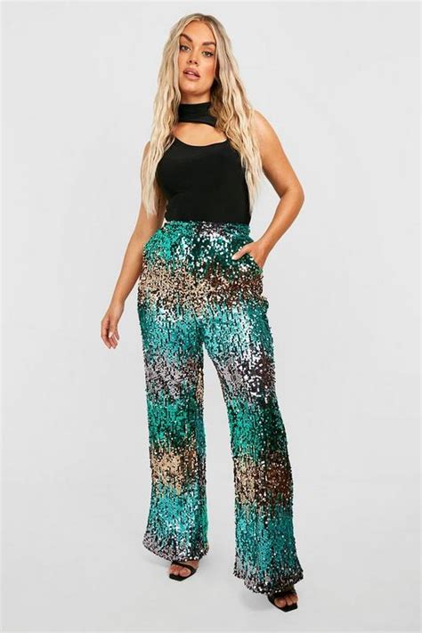 Plus Ombre Sequin Wide Leg Trousers Boohoo Uk