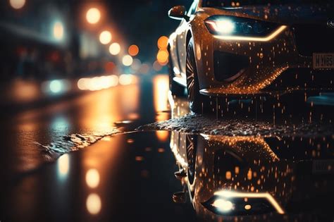 Coche Bajo La Lluvia Por La Noche Ia Generativa Foto Premium