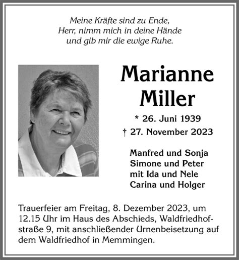 Traueranzeigen von Marianne Miller Allgäuer Zeitung