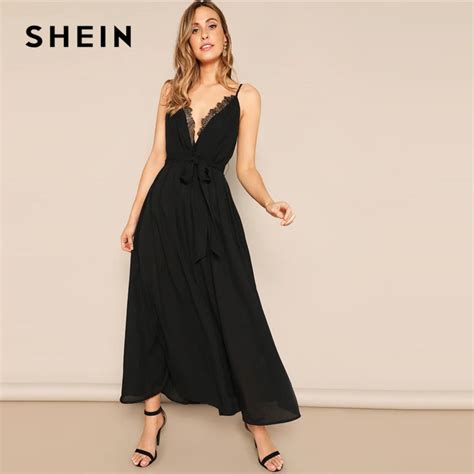 SHEIN Glamorous Black Plunging Neck Eyelash Lace Trim Belted Cami Dress