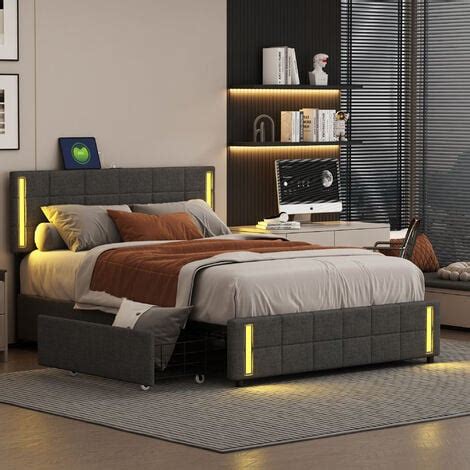 Lit capitonné 140x200cm avec 4 tiroirs LED et 2 ports USB sommier à