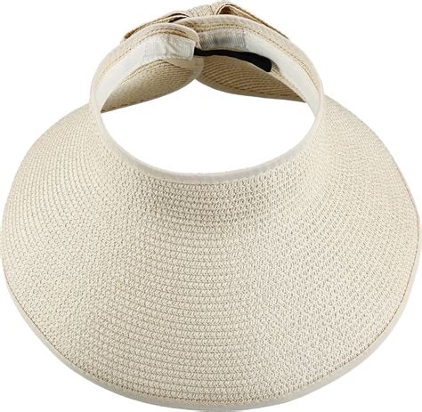 Womens Wide Brim Roll Up Straw Sun Visor Packable Foldable Sun Visor Beach Open Top Hat Beige