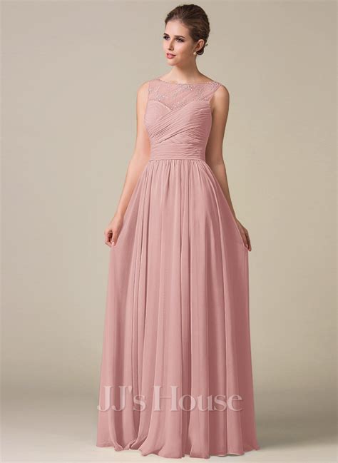 A Line Scoop Neck Floor Length Chiffon Lace Bridesmaid Dress With