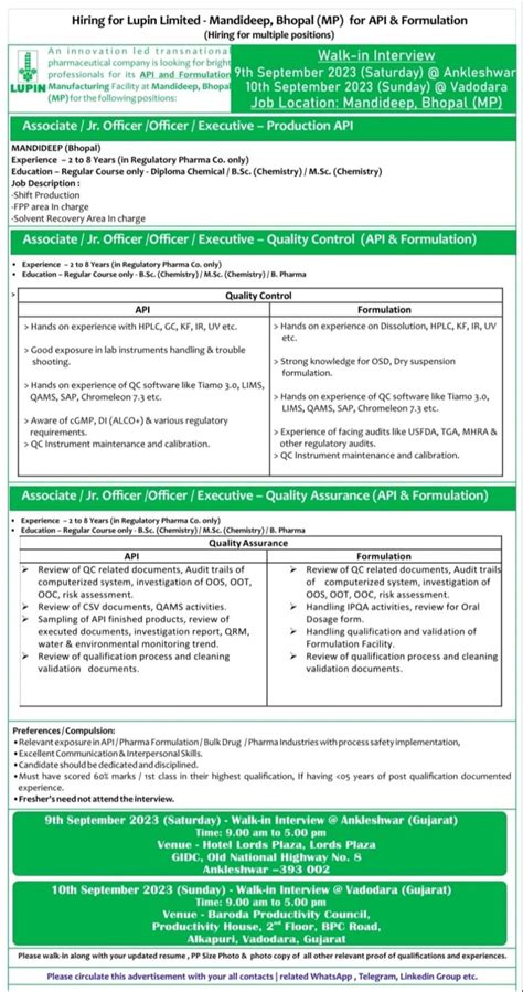 Lupin Pharma Walk In Interview For Diploma Chemical Bsc Msc Chemistry