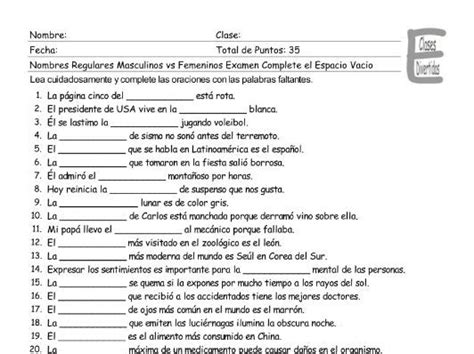 Masculine Versus Feminine Regular Nouns Spanish Fill In The Blanks Exam