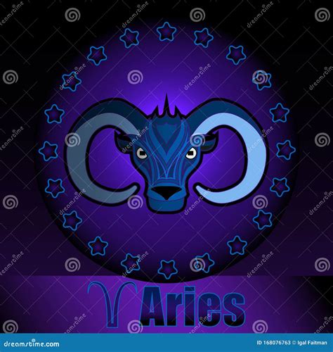 Aries In Round Frame With Stars Cartoon Illustration Of Astrology Sign