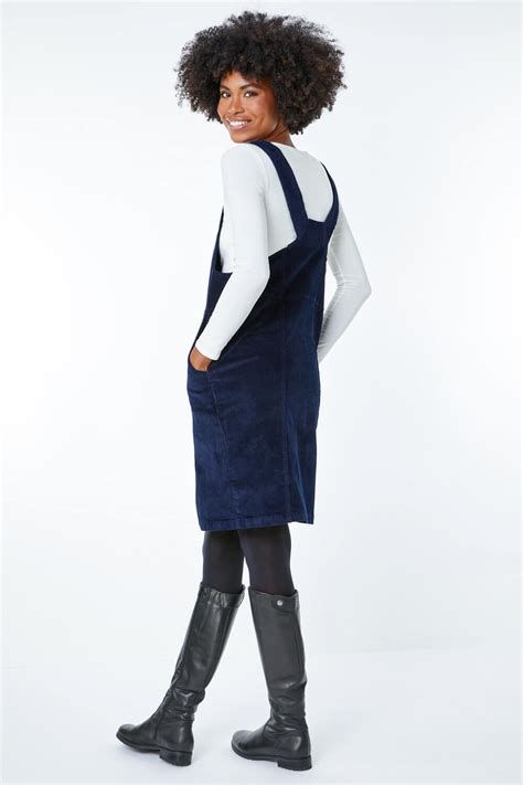 Button Corduroy Pinafore Dress In Navy Roman Originals Uk