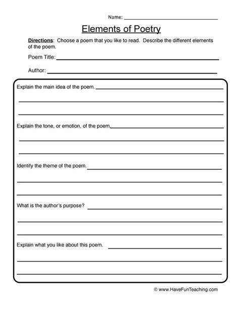 Poem Worksheet Th Grade