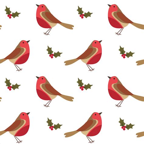 Seamless Christmas Pattern With Robin Bird Berries And Leaves On White