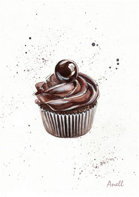 Chocolate Cupcake Watercolor Print Painting Chocolate Etsy