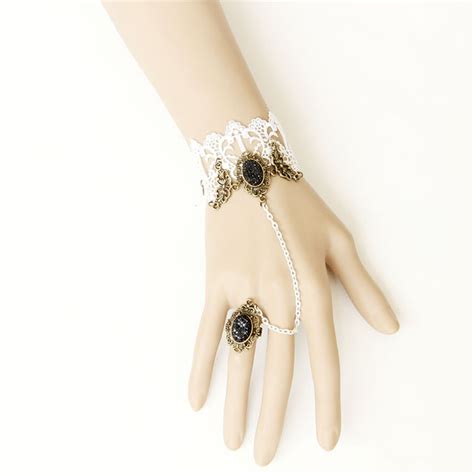 Victorian Lace Wristband Gem Embellishment Bracelet With Ring J