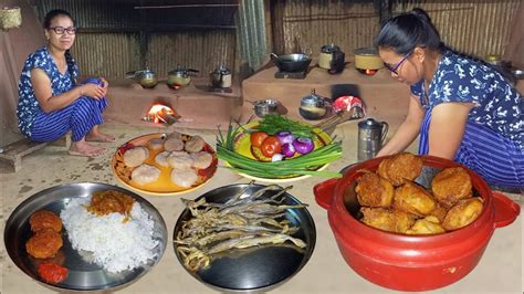 Dry Fish Chutney Aloo Chop With Rice Cooking Eating In Village