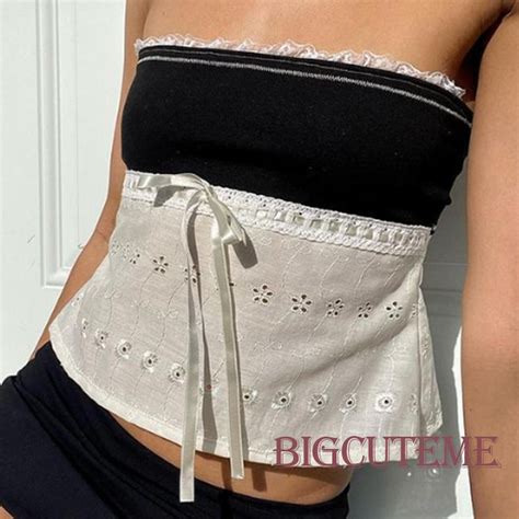 [] Women Tube Tops Strapless Backless Lacing Hollowed Patchwork Summer