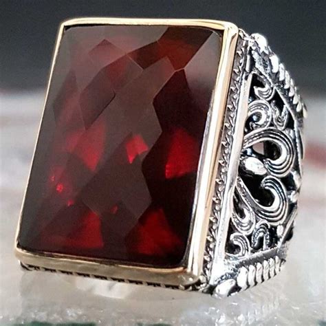 Rectangular Solid 925 Sterling Silver Ruby Stone Heavy Mens Ring Silverbazaaristanbul