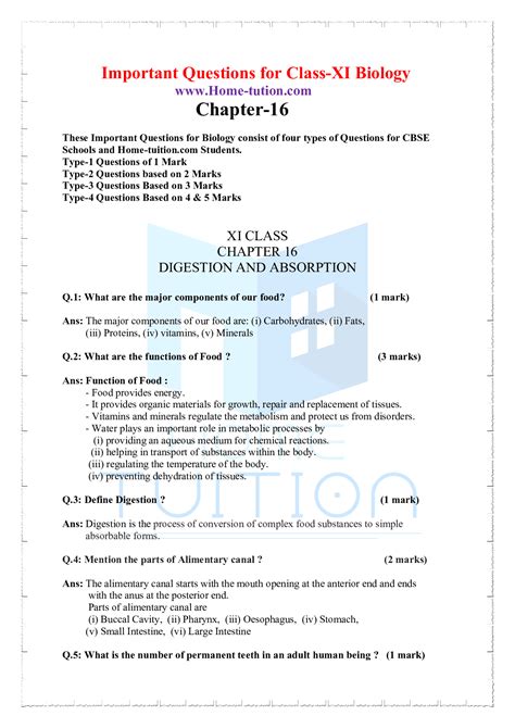 Important Questions For Class 11 Biology Chapter 16 Digestion And