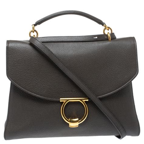 Salvatore Ferragamo Dark Brown Leather Gancini Top Handle Bag Salvatore