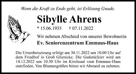 Traueranzeigen Von Sibylle Ahrens Trauer Anzeigen De