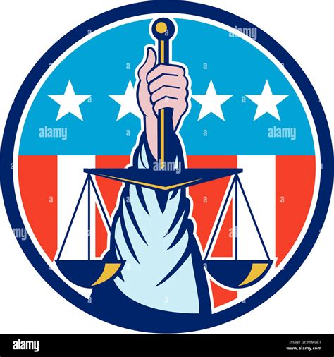 Hand Holding Scales Of Justice Circle Retro Stock Photo Alamy