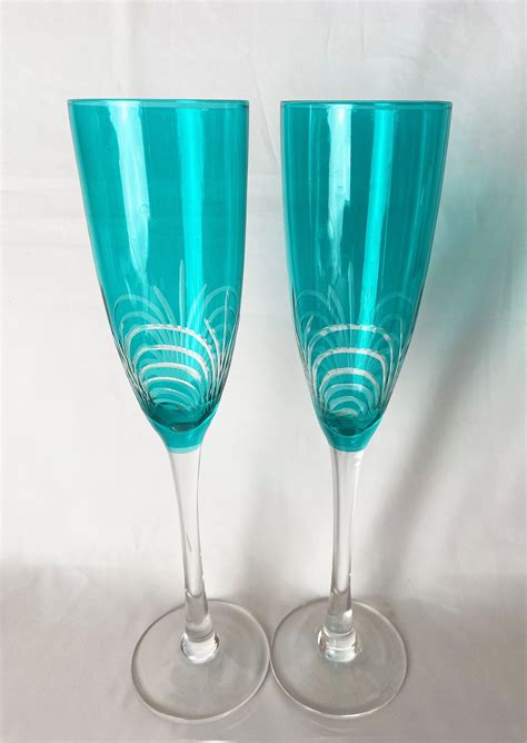 Christmas Holiday Stemware Cut Crystal Champagne Flutes Blue Green Glasses Pair Just Vintage