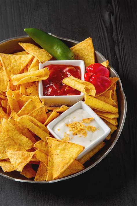 Tortilla Chips On A Blue Plate With Spicy Tomato Salsa Mexican Stock