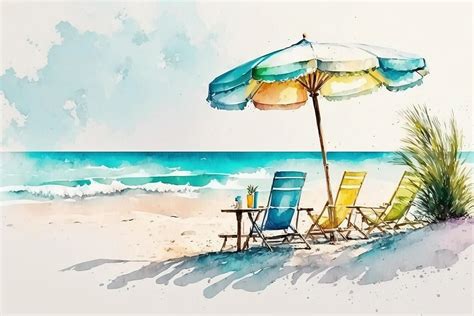 A watercolor painting summer scene of a beach with colorful umbrella