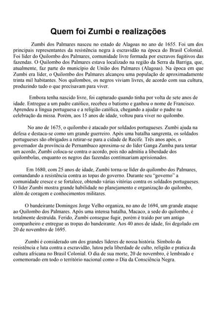 Zumbi Dos Palmares Textos - Zumbi dos palmares | DOCX