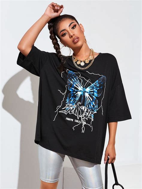 Butterfly Letter Graphic Oversized Tee Shein Usa Oversized Tee T