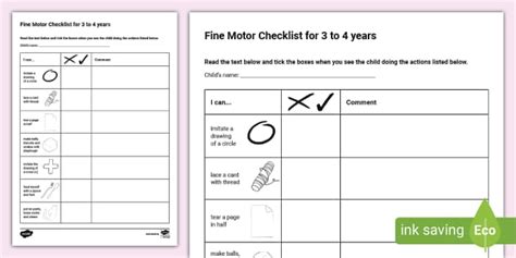 Fine Motor Developmental Checklist For 3 To 4 Years Twinkl