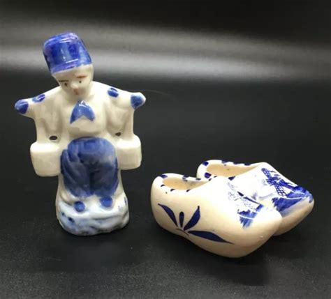 VINTAGE DUTCH FIGURINES Water Bucket Boy Wooden Shoes Clogs Blue