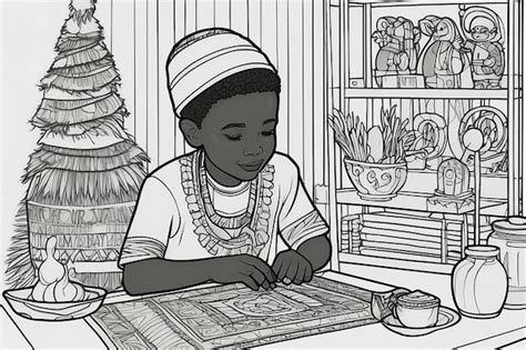 Kwanzaa Boy Lighting Kinara Coloring Page Premium AI Generated Image