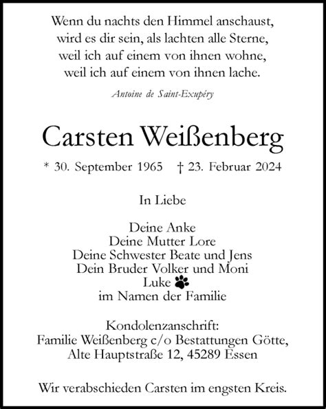 Traueranzeigen von Carsten Weißenberg Trauer in NRW de