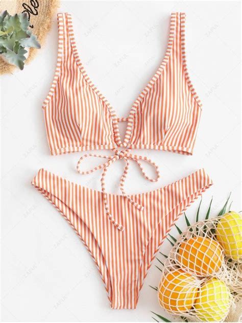 [36 Off] 2021 Zaful Striped V Wired High Cut Bikini Swimsuit In Sandy